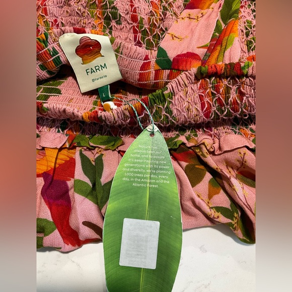 Farm Rio Mango Tree Parrot Smocked Midi Dress Pink Tropical Tie Shoulder Large - Picture 2 of 5